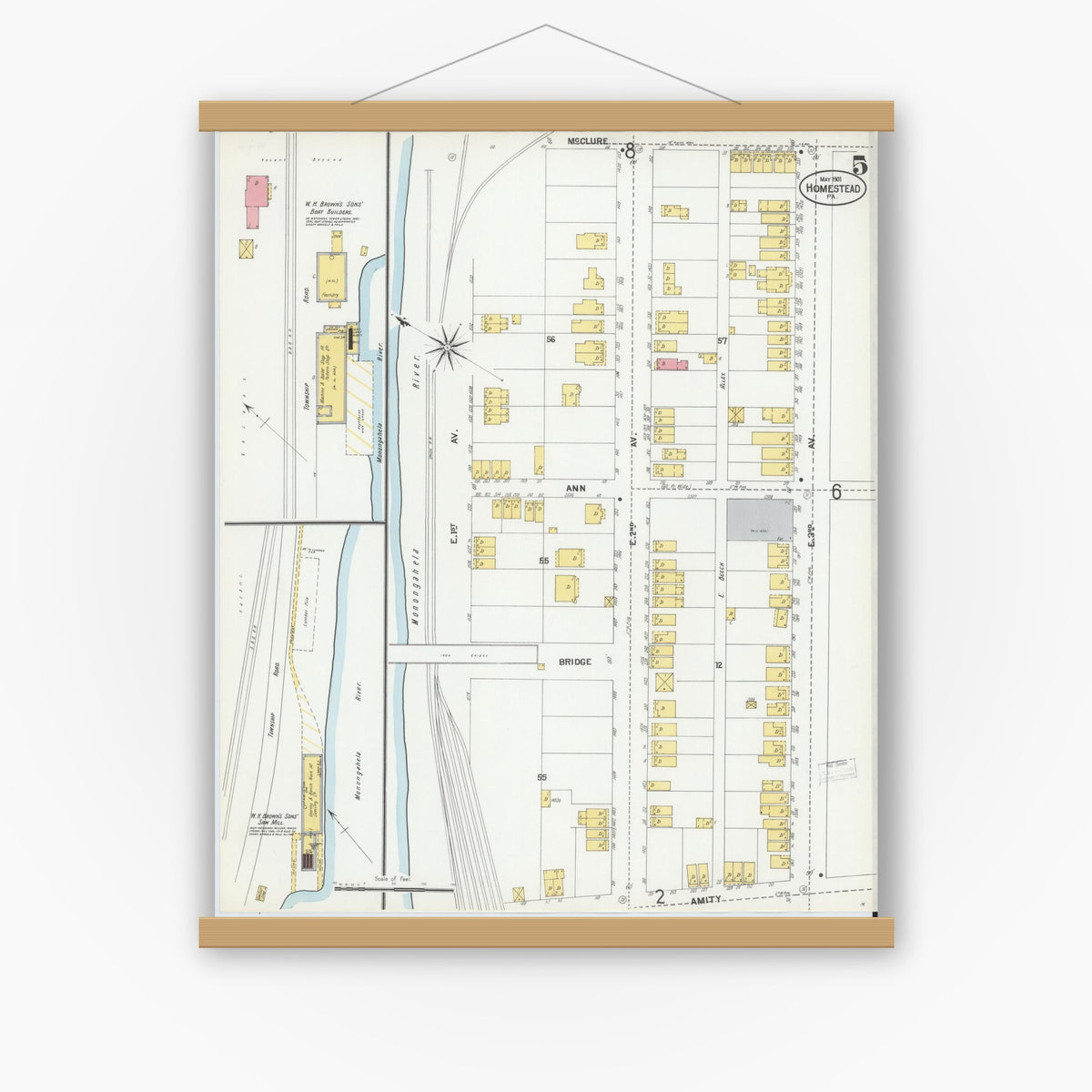 Old map wall art mockup — magnetic wood frame on white wall — Sanborn Fire Insurance Map from Homestead, Allegheny County, Pennsylvania (1901), Sheet #0005