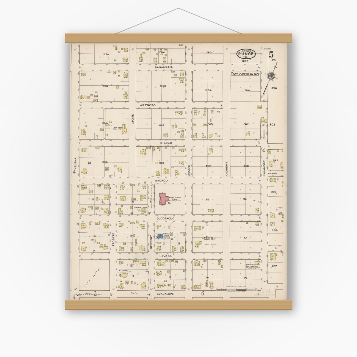 Old map wall art mockup — magnetic wood frame on white wall — Sanborn Fire Insurance Map from Runge, Karnes County, Texas (1922), Sheet #0005