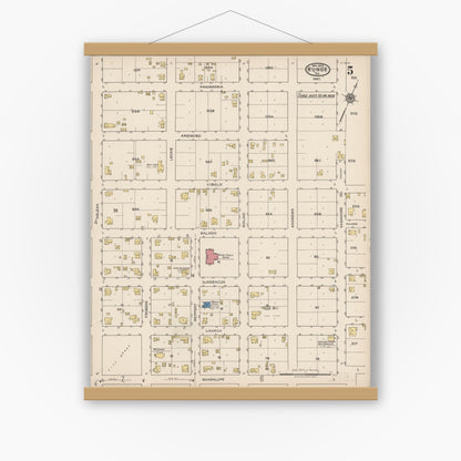 Old map wall art mockup — magnetic wood frame on white wall — Sanborn Fire Insurance Map from Runge, Karnes County, Texas (1922), Sheet #0005