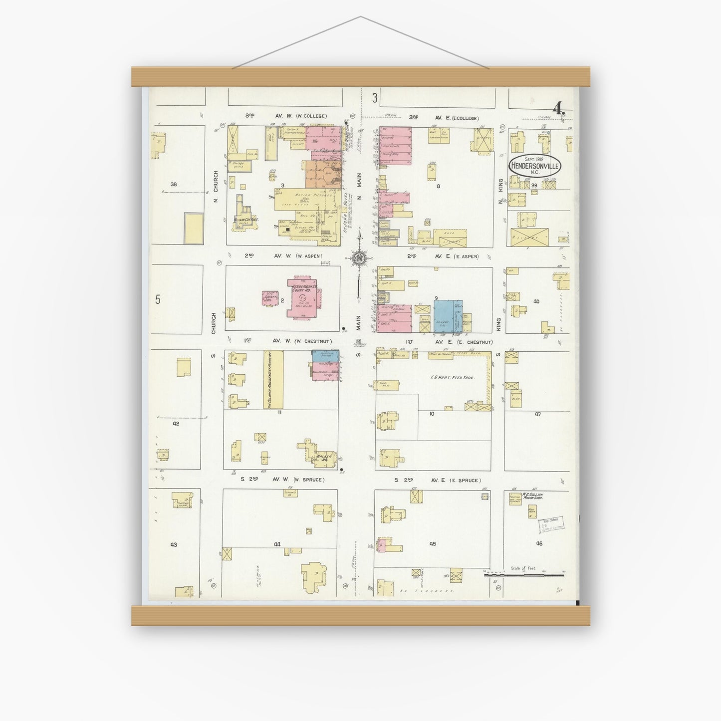 Old map wall art mockup — magnetic wood frame on white wall — Sanborn Fire Insurance Map from Hendersonville, Henderson County, North Carolina (1912), Sheet #0004