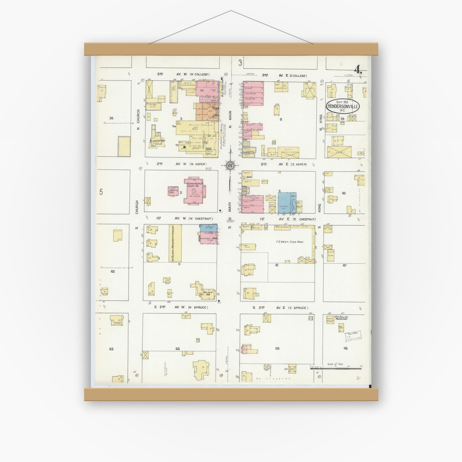 Old map wall art mockup — magnetic wood frame on white wall — Sanborn Fire Insurance Map from Hendersonville, Henderson County, North Carolina (1912), Sheet #0004