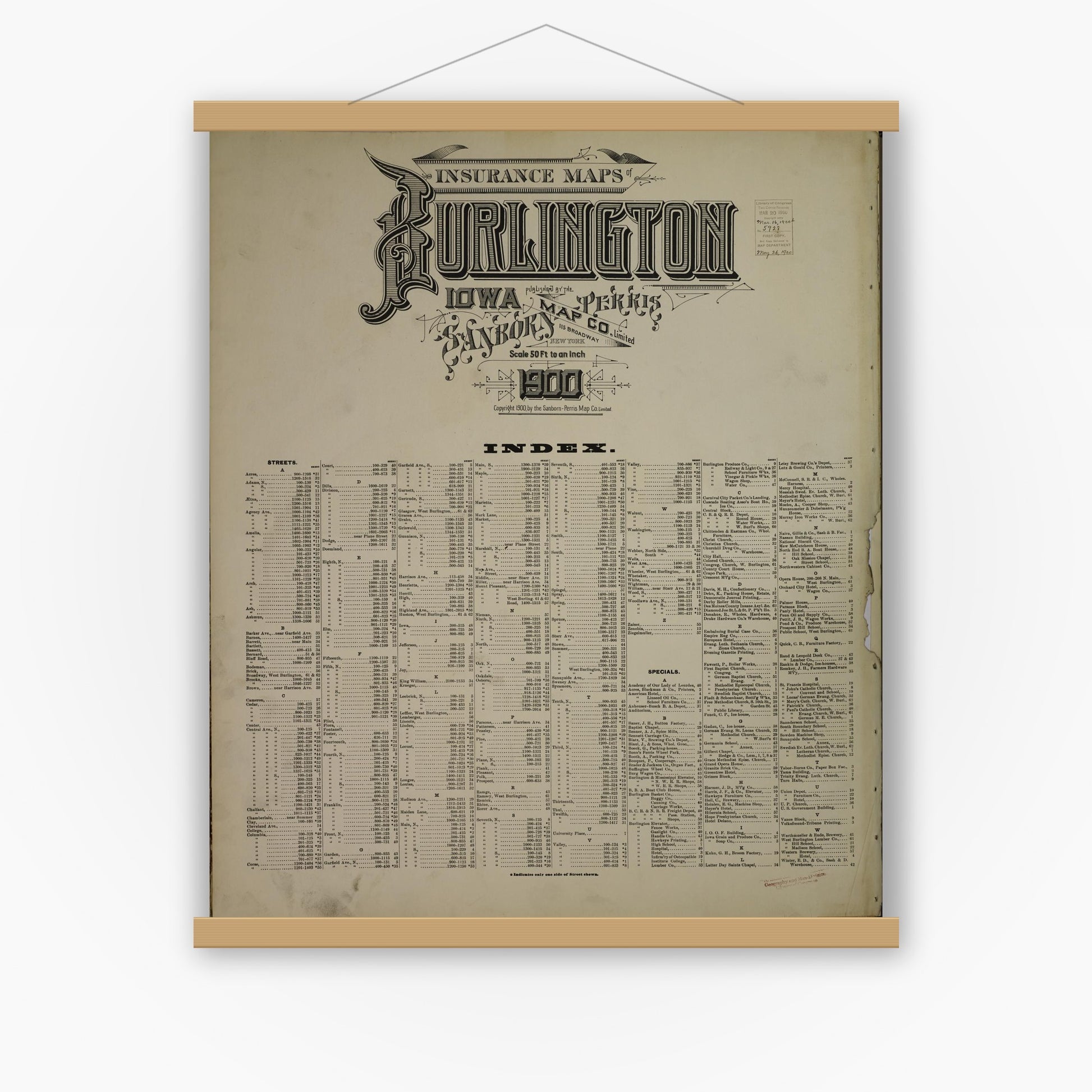 Old map wall art mockup — magnetic wood frame on white wall — Sanborn Fire Insurance Map from Burlington, Des Moines County, Iowa (1900), Sheet #0001