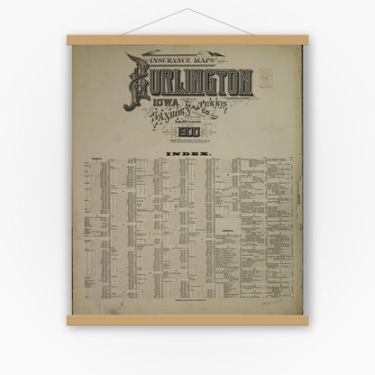 Old map wall art mockup — magnetic wood frame on white wall — Sanborn Fire Insurance Map from Burlington, Des Moines County, Iowa (1900), Sheet #0001