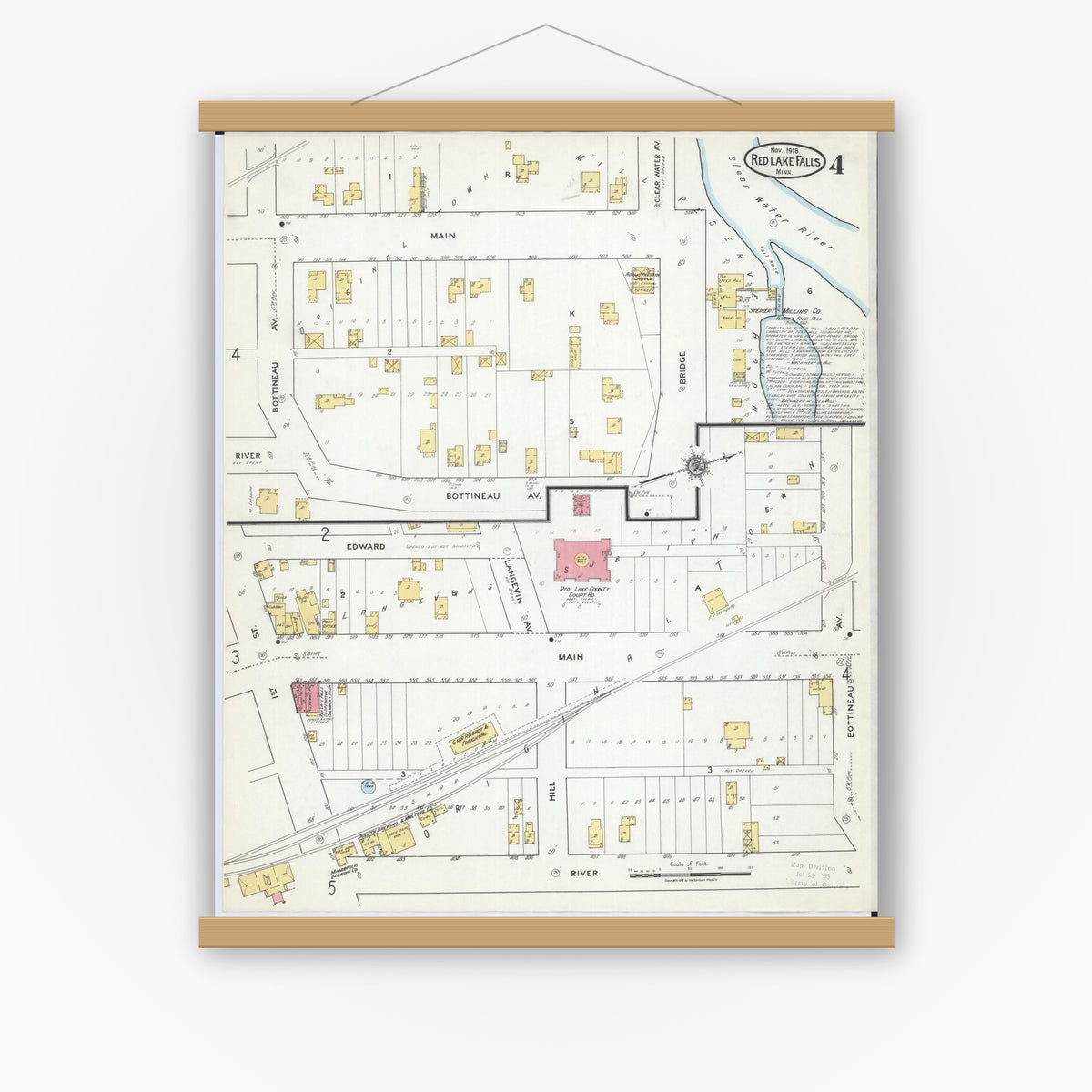 Old map wall art mockup — magnetic wood frame on white wall — Sanborn Fire Insurance Map from Red Lake Falls, Red Lake County, Minnesota (1918), Sheet #0004