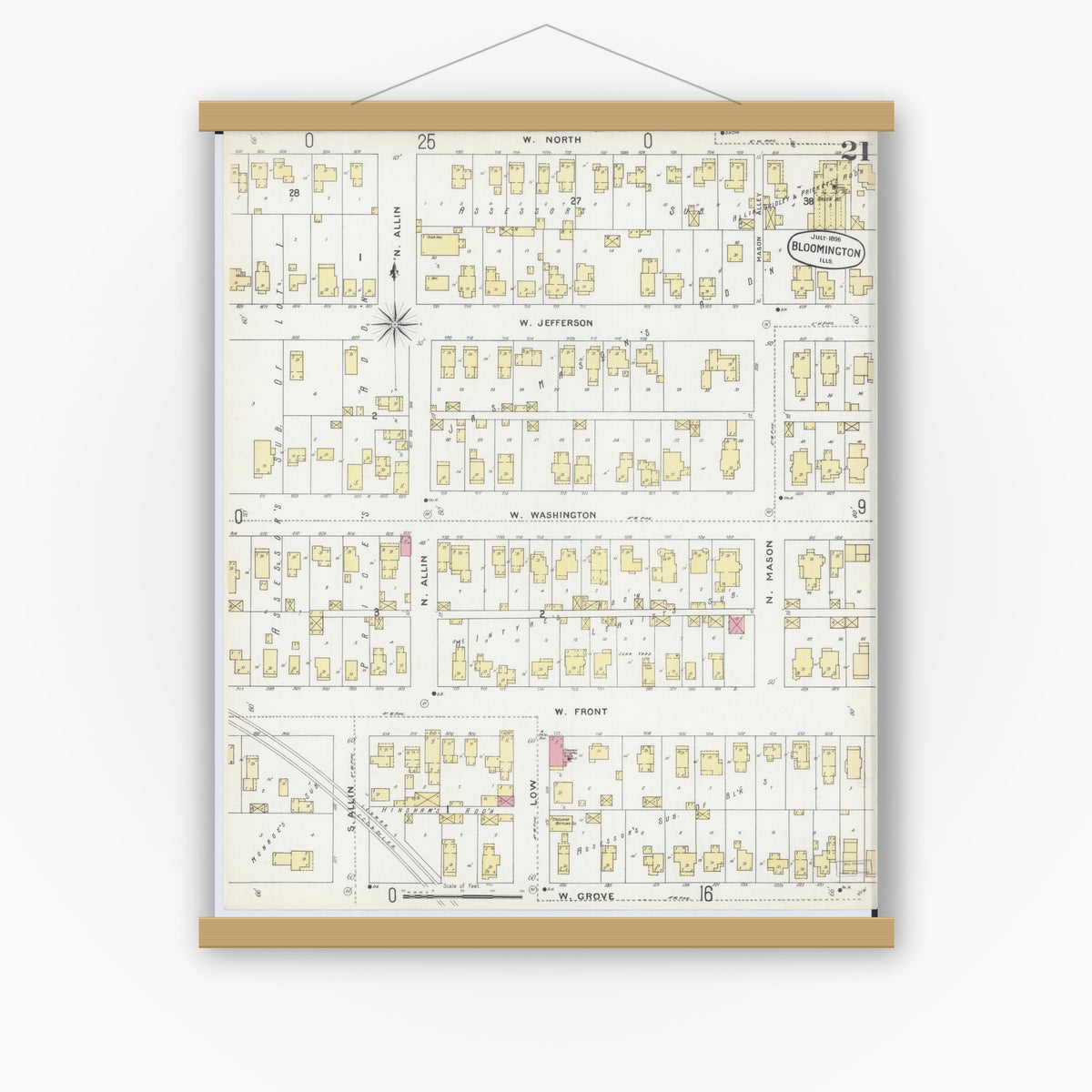 Old map wall art mockup — magnetic wood frame on white wall — Sanborn Fire Insurance Map from Bloomington, McLean County, Illinois (1896), Sheet #0021