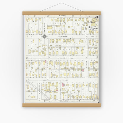 Old map wall art mockup — magnetic wood frame on white wall — Sanborn Fire Insurance Map from Bloomington, McLean County, Illinois (1896), Sheet #0021