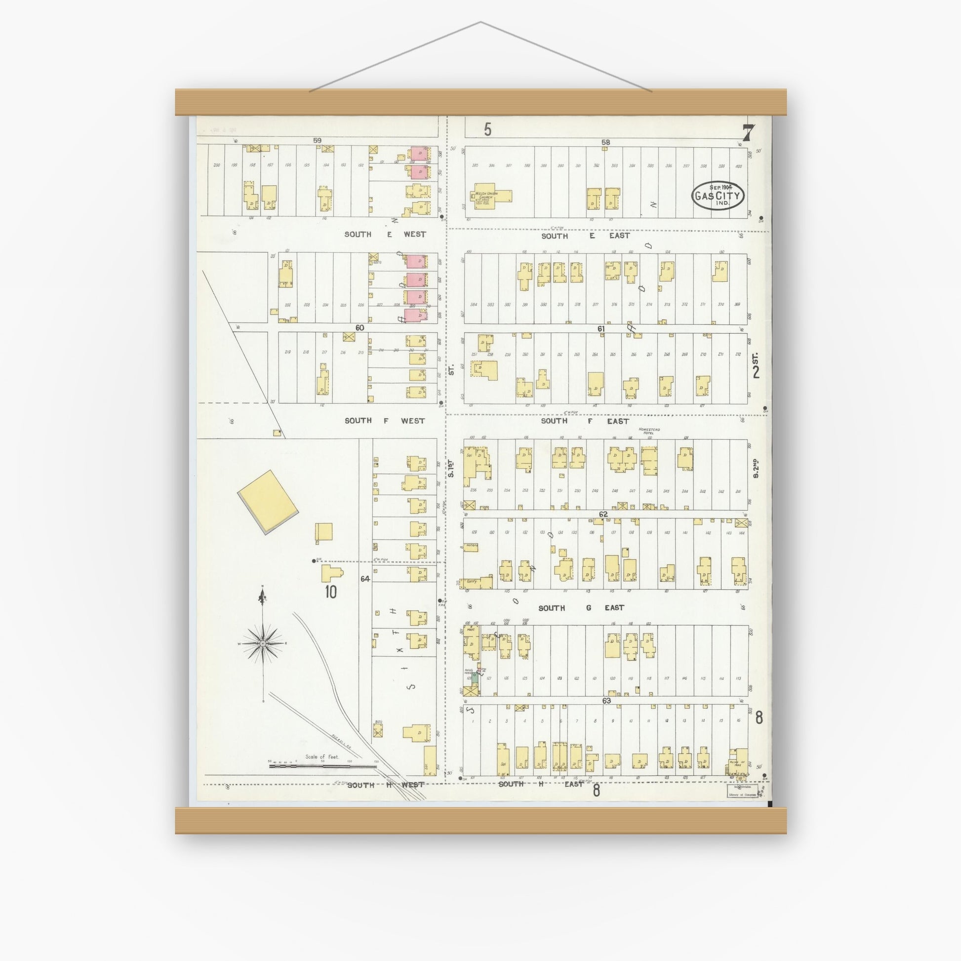 Old map wall art mockup — magnetic wood frame on white wall — Sanborn Fire Insurance Map from Gas City, Grant County, Indiana (1904), Sheet #0007