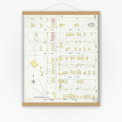 Old map wall art mockup — magnetic wood frame on white wall — Sanborn Fire Insurance Map from Gas City, Grant County, Indiana (1904), Sheet #0007