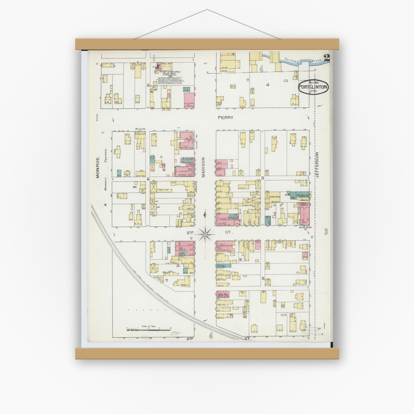 Old map wall art mockup — magnetic wood frame on white wall — Sanborn Fire Insurance Map from Port Clinton, Ottawa County, Ohio (1893), Sheet #0002