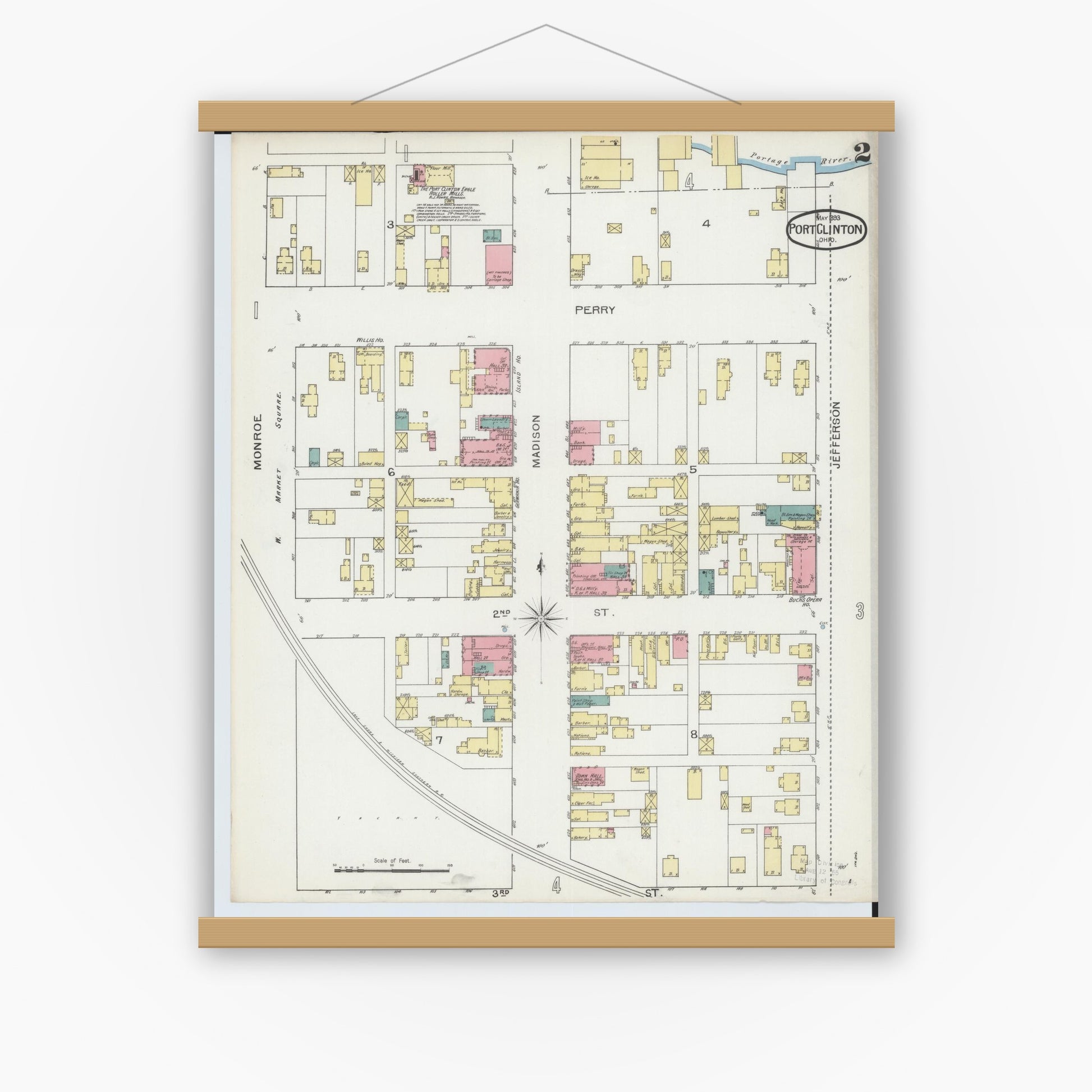 Old map wall art mockup — magnetic wood frame on white wall — Sanborn Fire Insurance Map from Port Clinton, Ottawa County, Ohio (1893), Sheet #0002