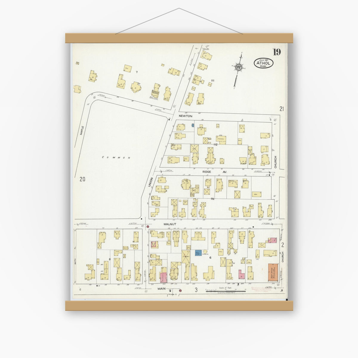 Old map wall art mockup — magnetic wood frame on white wall — Sanborn Fire Insurance Map from Athol, Worcester County, Massachusetts (1917), Sheet #0019