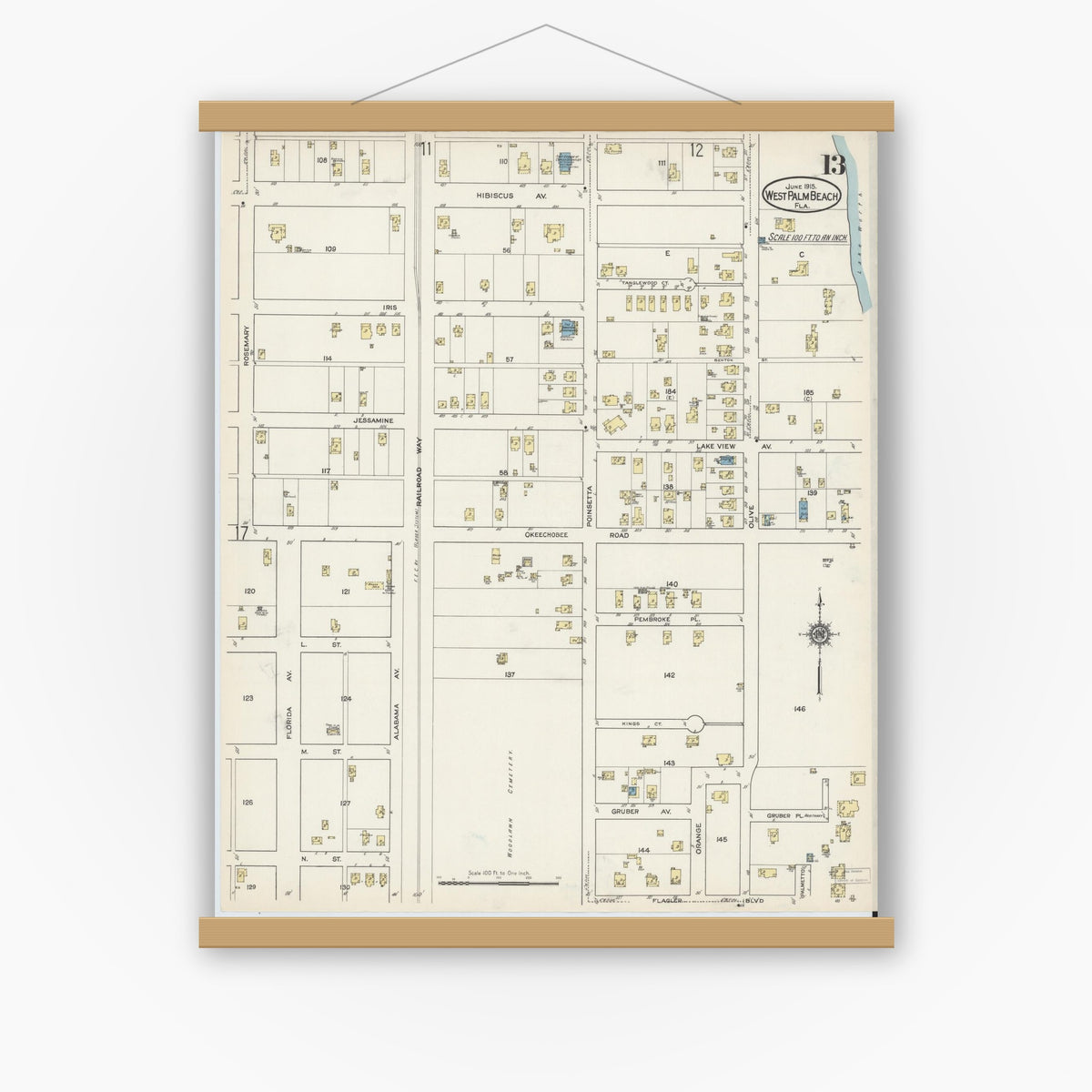 Old map wall art mockup — magnetic wood frame on white wall — Sanborn Fire Insurance Map from West Palm Beach, Dade County, Florida (1915), Sheet #0013