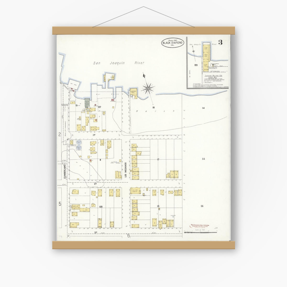 Old map wall art mockup — magnetic wood frame on white wall — Sanborn Fire Insurance Map from Black Diamond, Contra Costa, California (1907), Sheet #0003