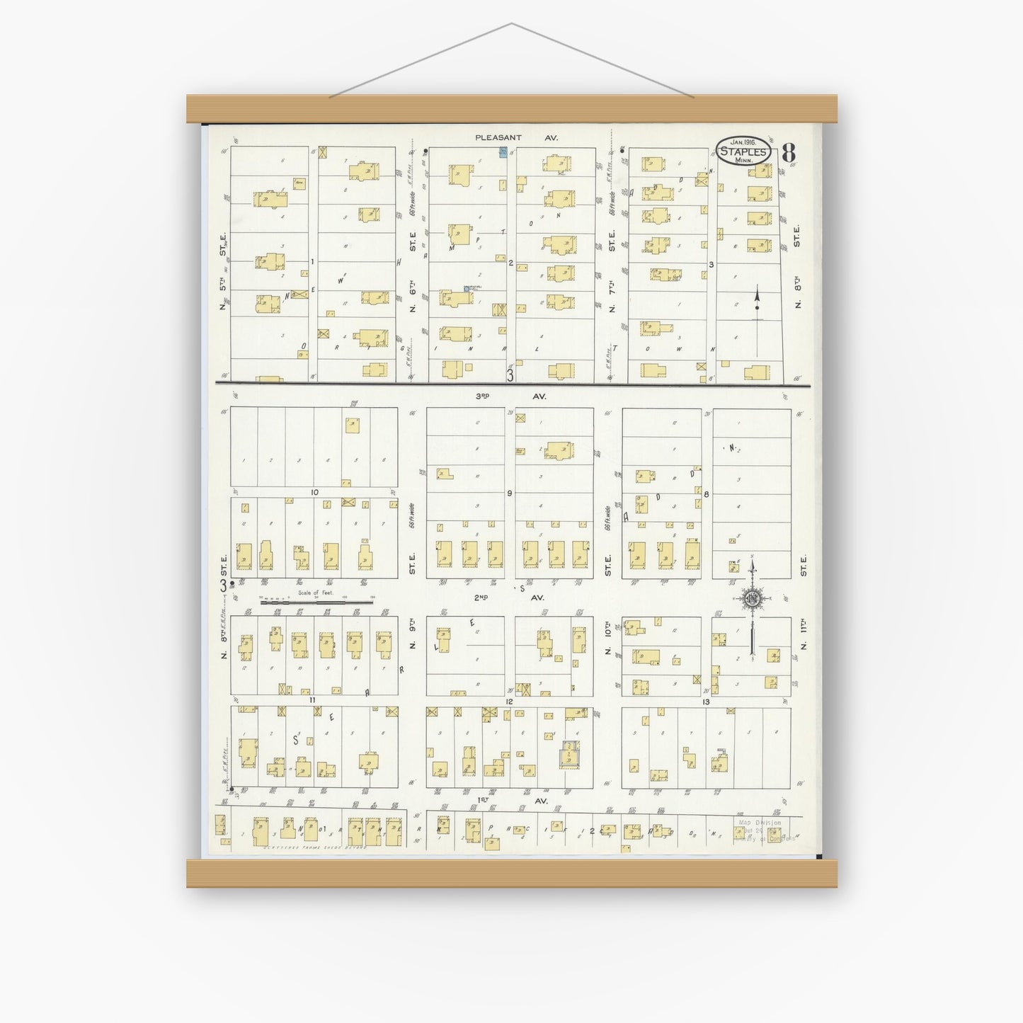 Old map wall art mockup — magnetic wood frame on white wall — Sanborn Fire Insurance Map from Staples, Todd County, Minnesota (1916), Sheet #0008