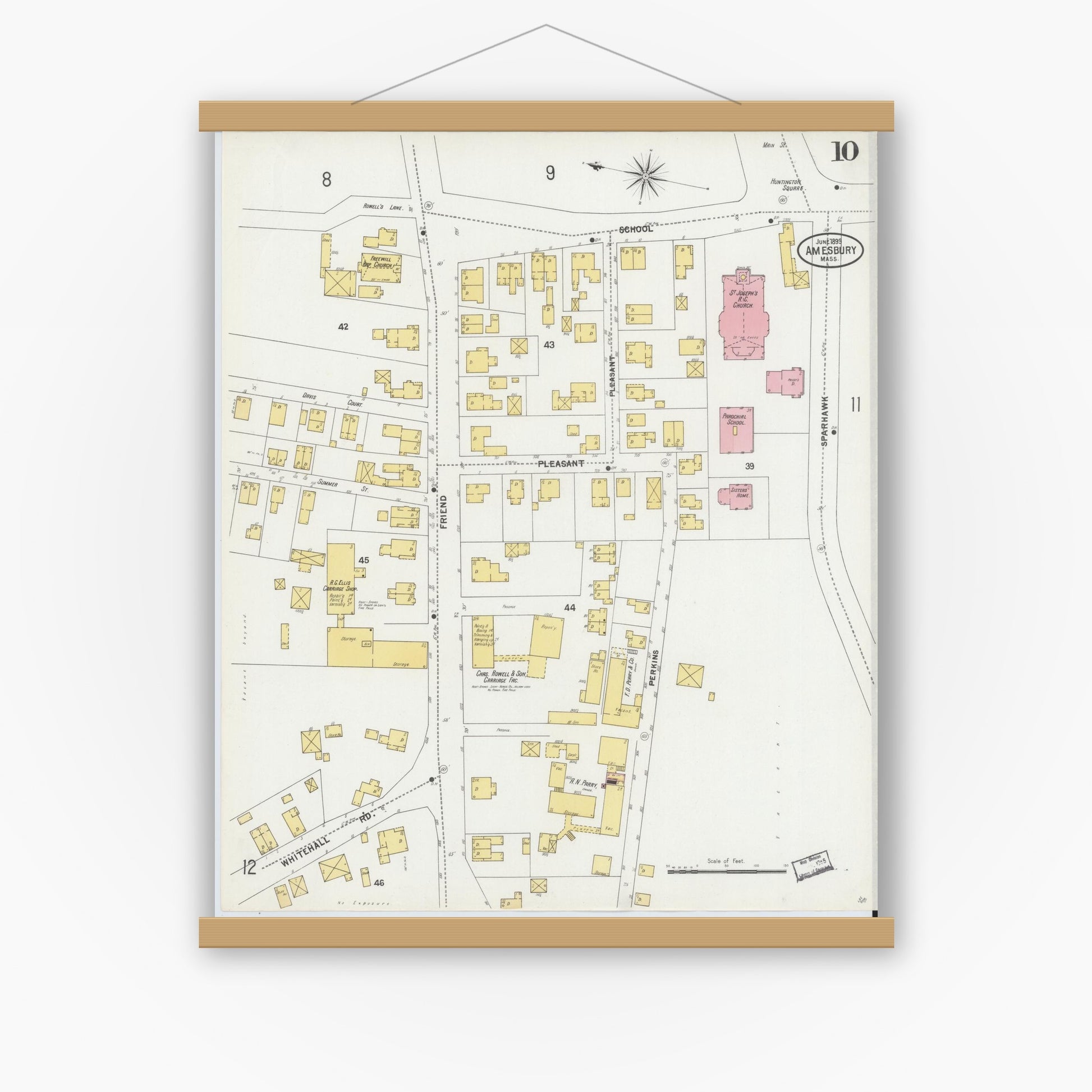 Old map wall art mockup — magnetic wood frame on white wall — Sanborn Fire Insurance Map from Amesbury, Essex County, Massachusetts (1899), Sheet #0010