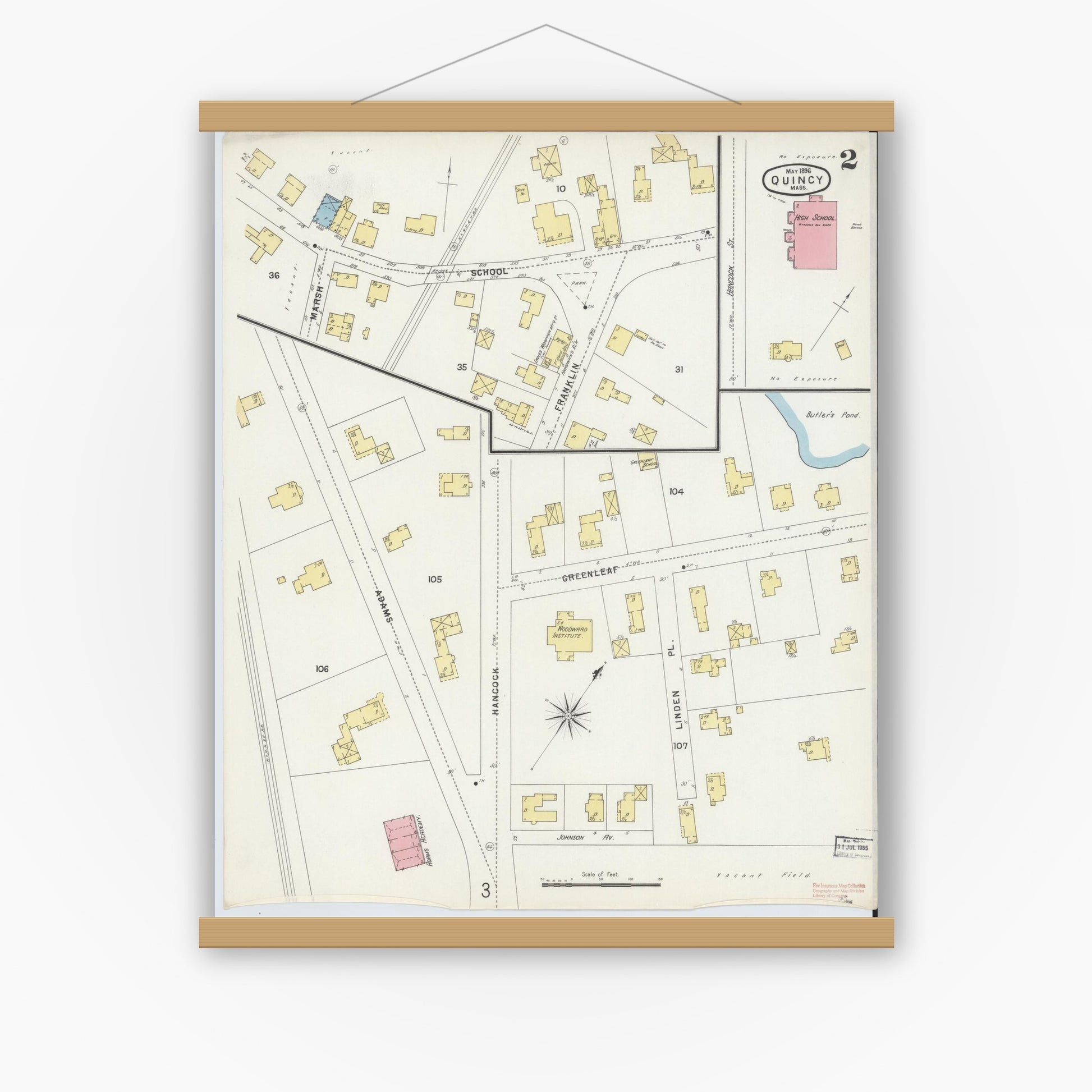 Old map wall art mockup — magnetic wood frame on white wall — Sanborn Fire Insurance Map from Quincy, Norfolk County, Massachusetts (1896), Sheet #0002