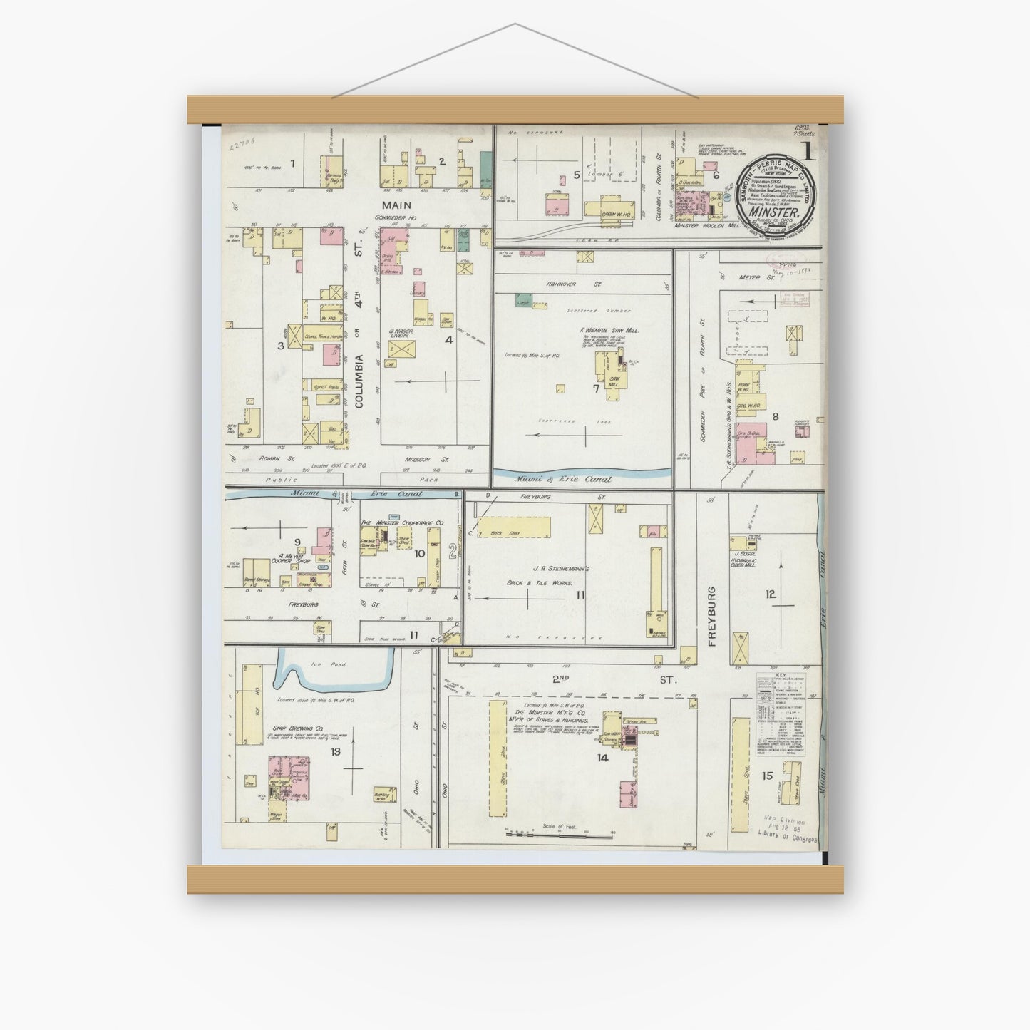 Old map wall art mockup — magnetic wood frame on white wall — Sanborn Fire Insurance Map from Minster, Auglaize County, Ohio (1893), Sheet #0001