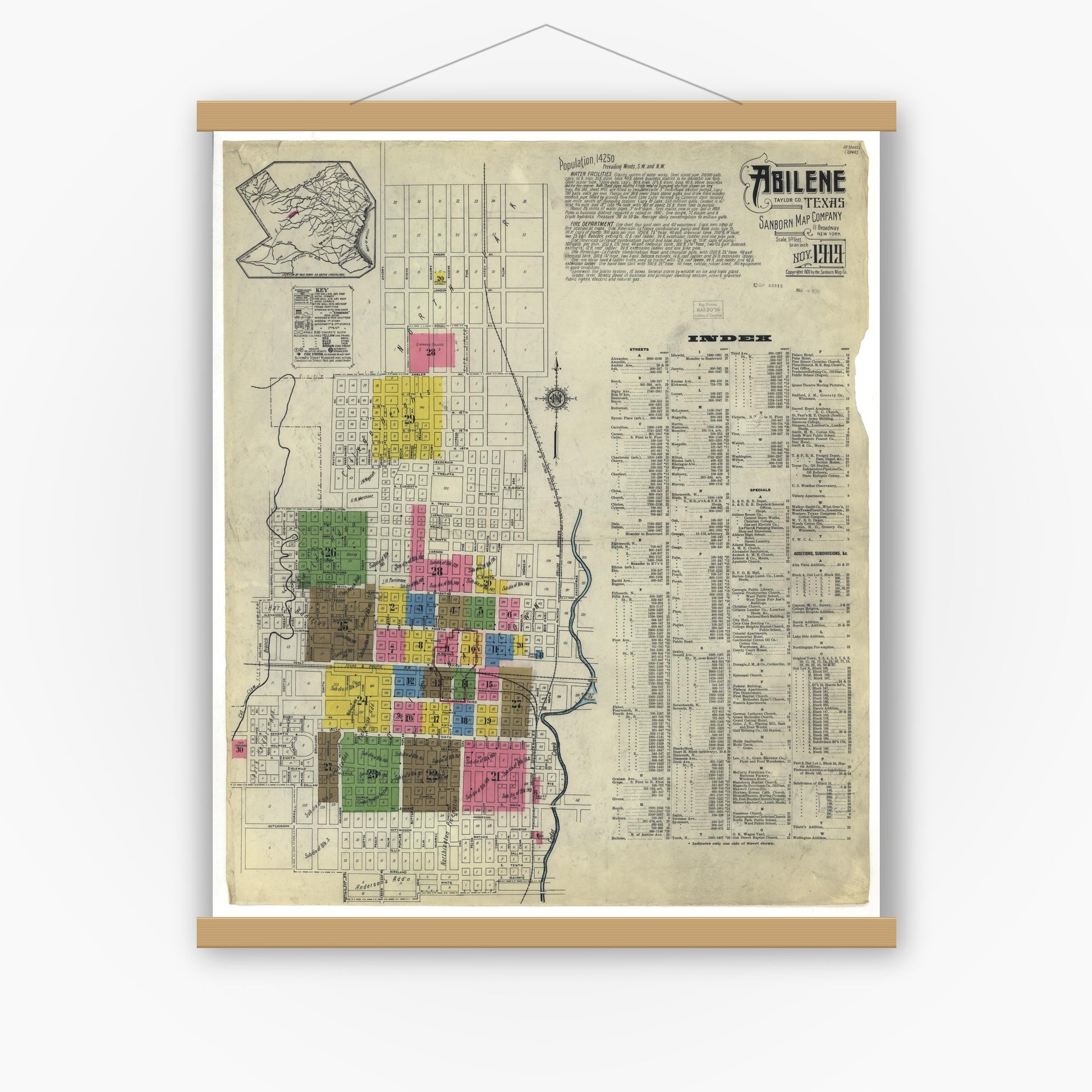 Old map wall art mockup — magnetic wood frame on white wall — Sanborn Fire Insurance Map from Abilene, Taylor County, Texas (1919), Sheet #0001