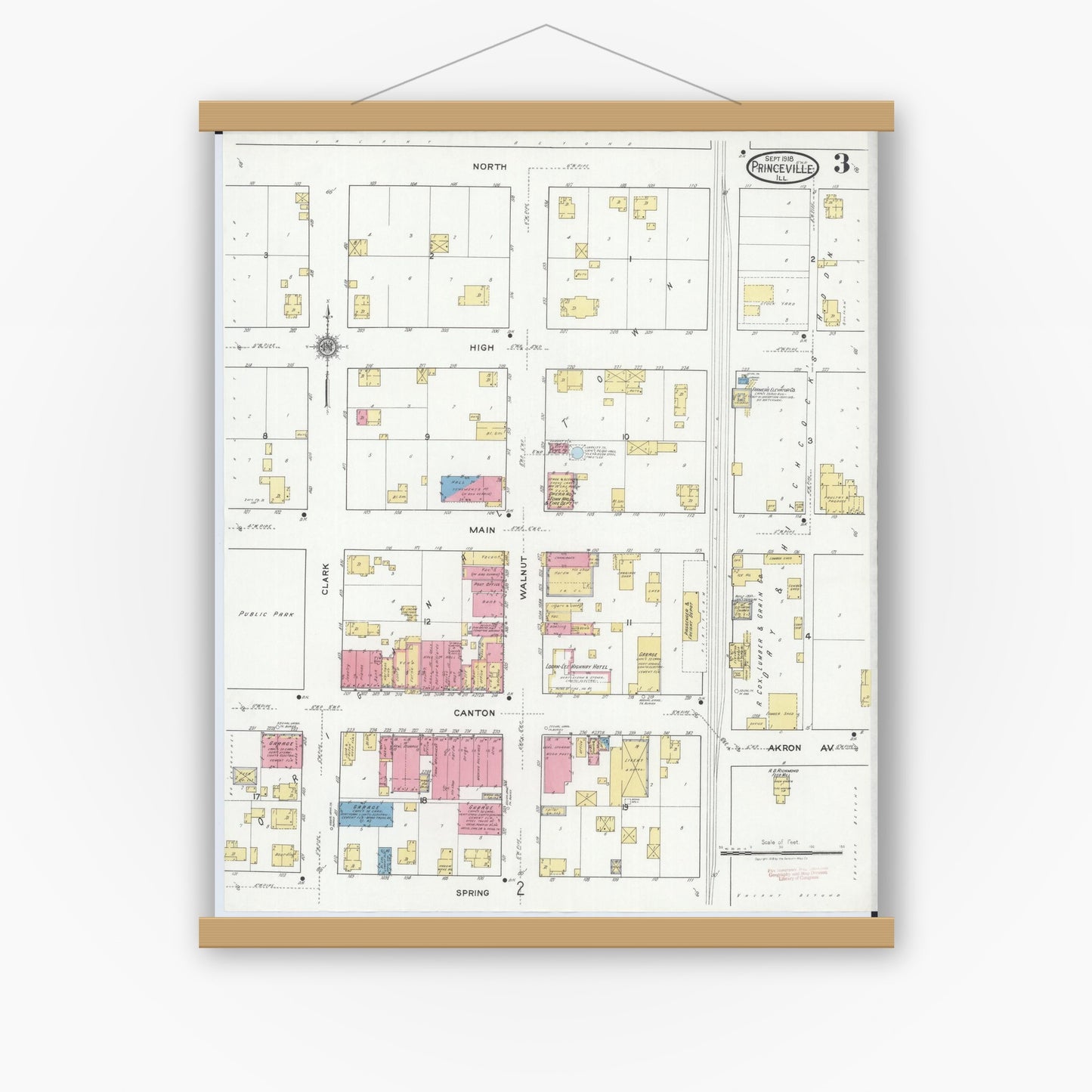 Old map wall art mockup — magnetic wood frame on white wall — Sanborn Fire Insurance Map from Princeville, Peoria County, Illinois (1918), Sheet #0003