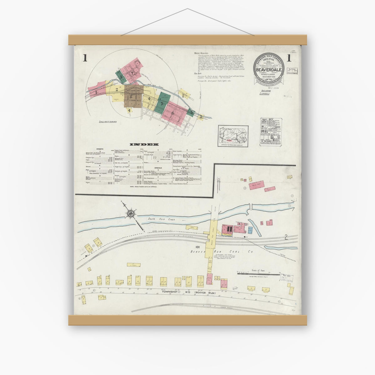 Old map wall art mockup — magnetic wood frame on white wall — Sanborn Fire Insurance Map from Beaverdale, Cambria County, Pennsylvania (1923) - Complete Map Set
