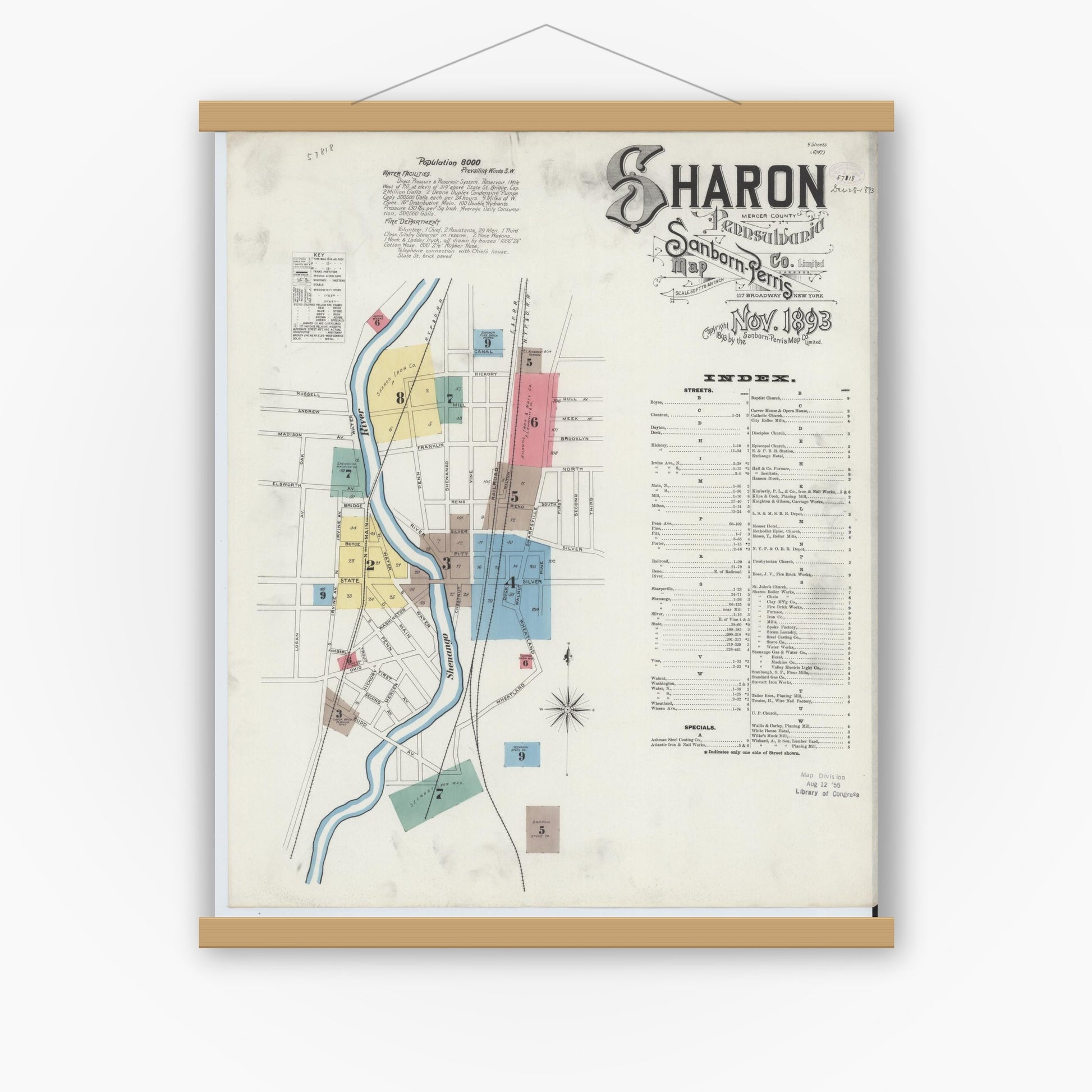 Old map wall art mockup — magnetic wood frame on white wall — Sanborn Fire Insurance Map from Sharon, Mercer County, Pennsylvania (1893) - Complete Map Set