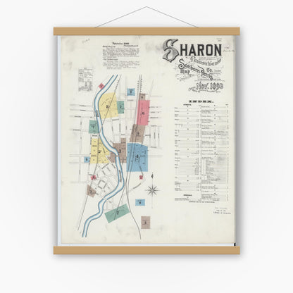 Old map wall art mockup — magnetic wood frame on white wall — Sanborn Fire Insurance Map from Sharon, Mercer County, Pennsylvania (1893) - Complete Map Set