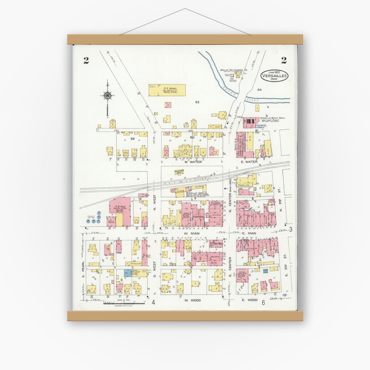 Old map wall art mockup — magnetic wood frame on white wall — Sanborn Fire Insurance Map from Versailles, Darke County, Ohio (1925), Sheet #0002