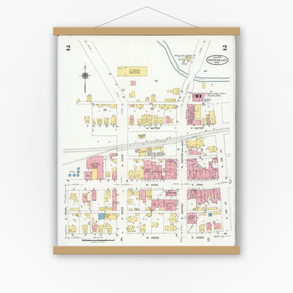 Old map wall art mockup — magnetic wood frame on white wall — Sanborn Fire Insurance Map from Versailles, Darke County, Ohio (1925), Sheet #0002