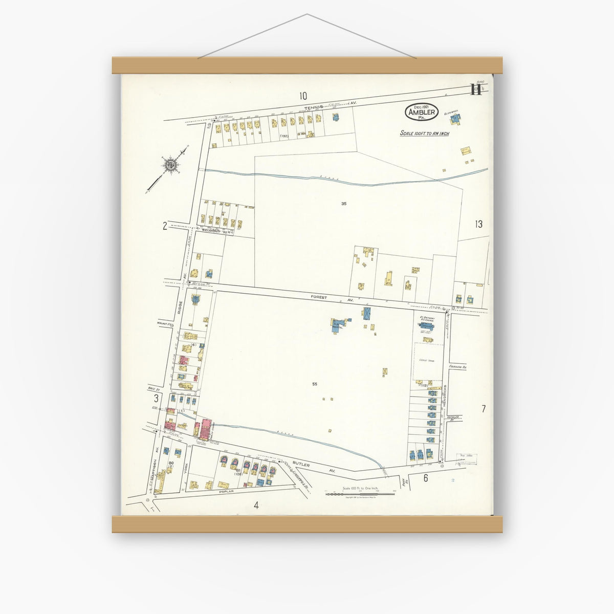 Old map wall art mockup — magnetic wood frame on white wall — Sanborn Fire Insurance Map from Ambler, Montgomery County, Pennsylvania (1921), Sheet #0011