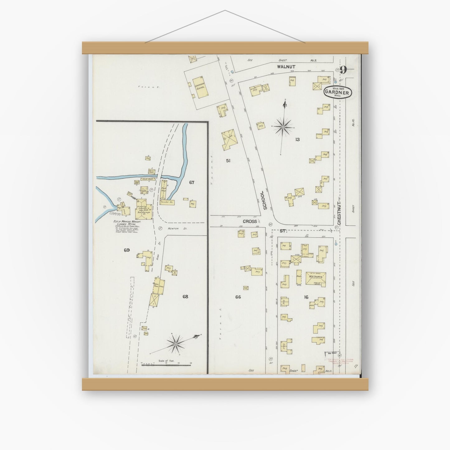 Old map wall art mockup — magnetic wood frame on white wall — Sanborn Fire Insurance Map from Gardner, Worcester County, Massachusetts (1889), Sheet #0009