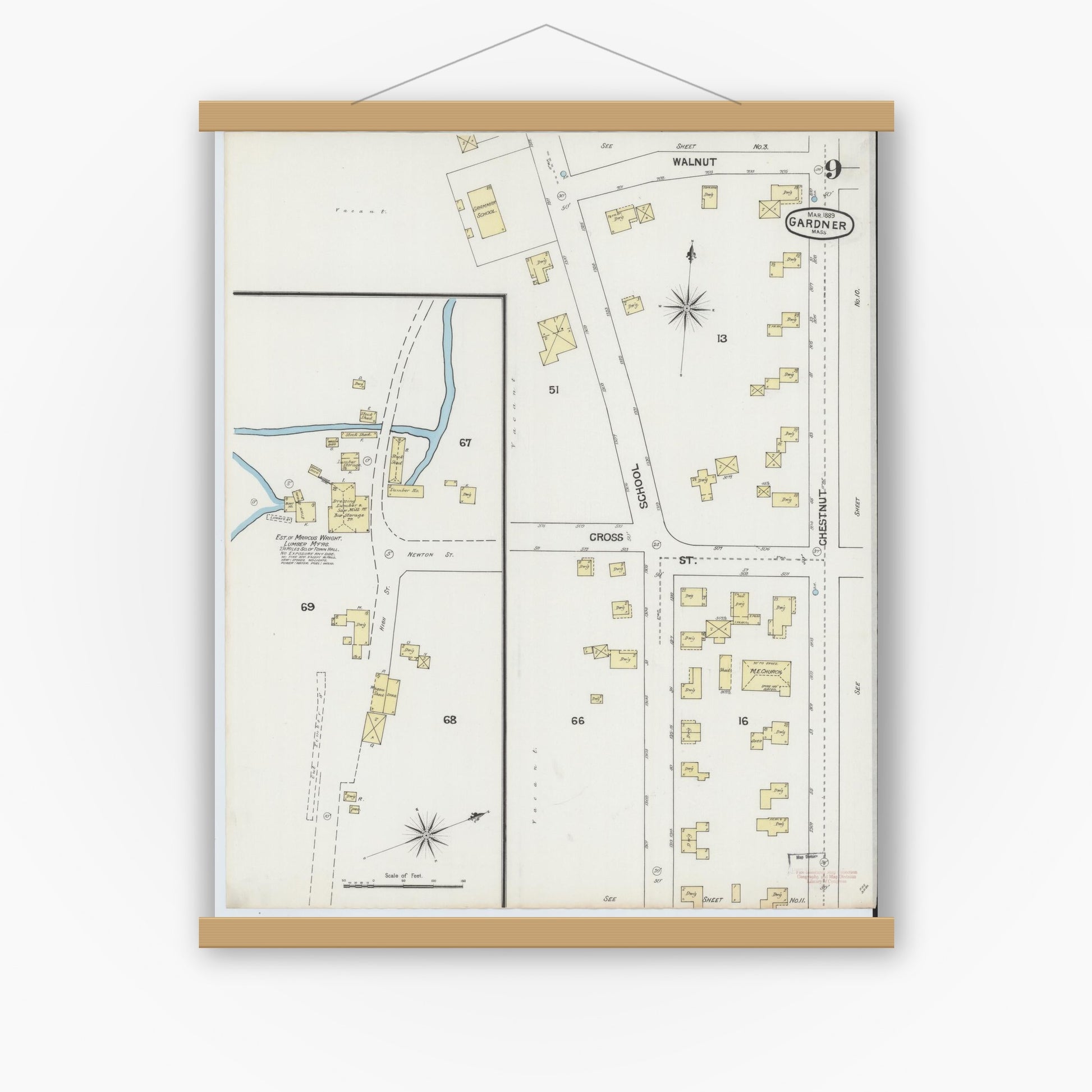 Old map wall art mockup — magnetic wood frame on white wall — Sanborn Fire Insurance Map from Gardner, Worcester County, Massachusetts (1889), Sheet #0009