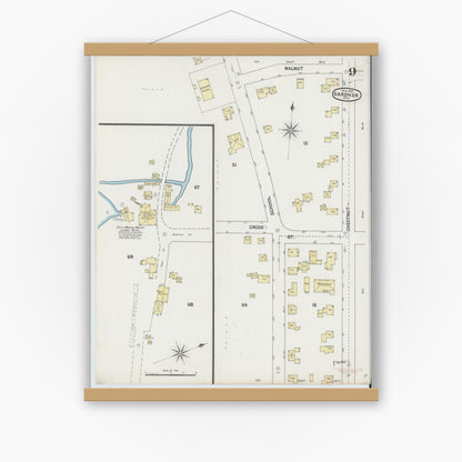 Old map wall art mockup — magnetic wood frame on white wall — Sanborn Fire Insurance Map from Gardner, Worcester County, Massachusetts (1889), Sheet #0009