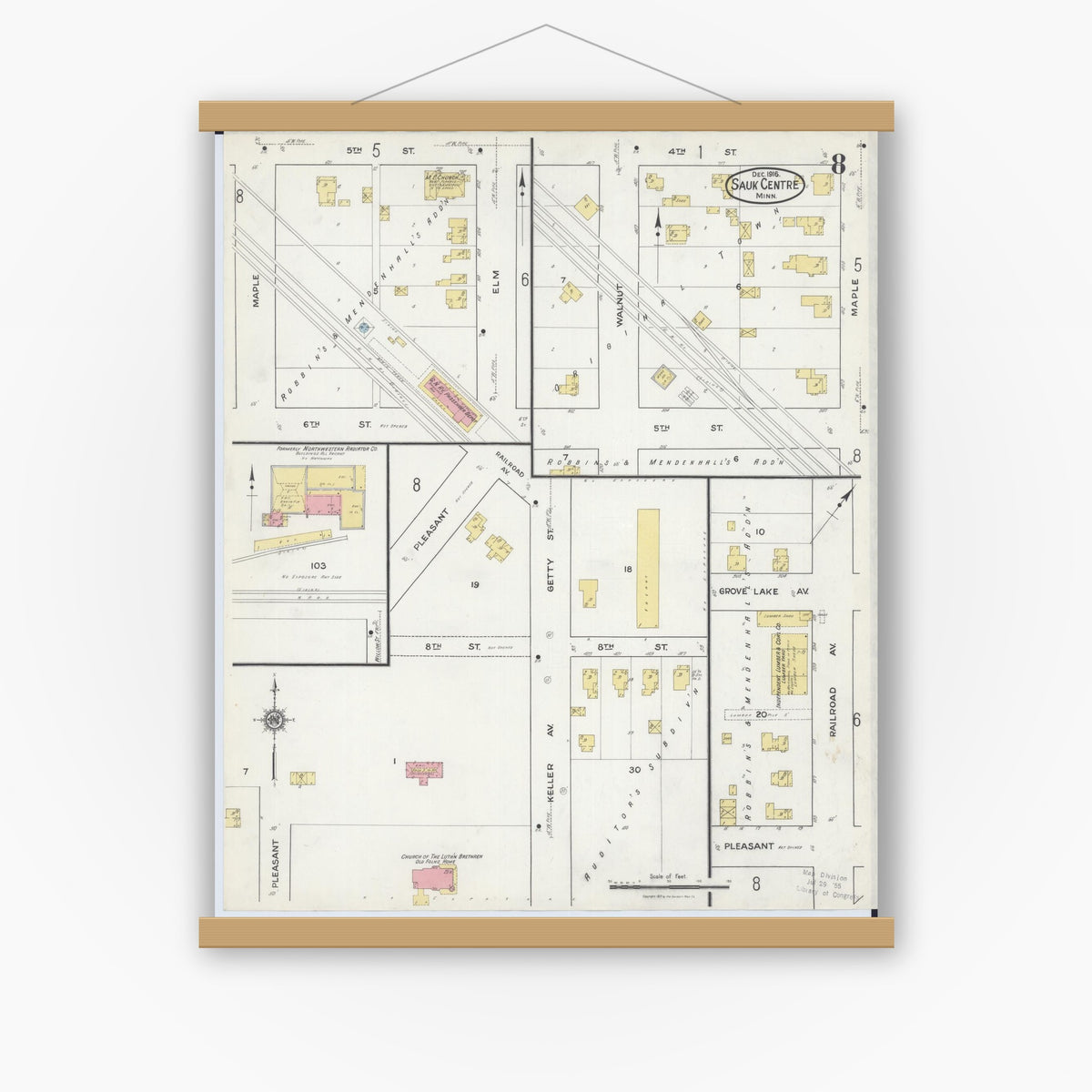 Old map wall art mockup — magnetic wood frame on white wall — Sanborn Fire Insurance Map from Sauk Centre, Stearns County, Minnesota (1916), Sheet #0008