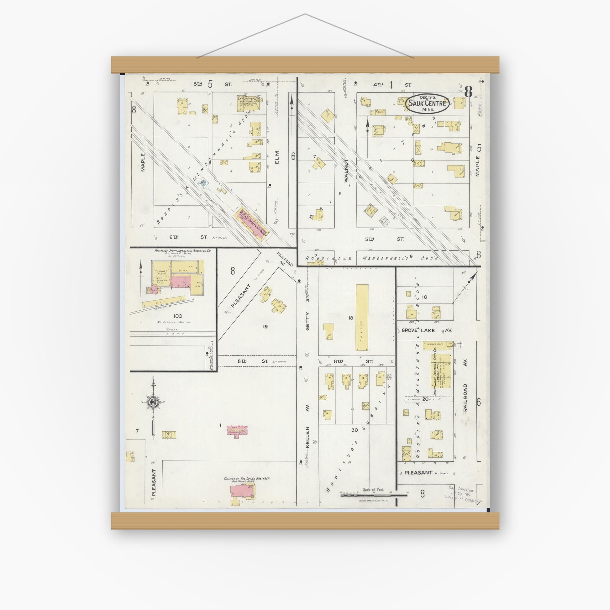 Old map wall art mockup — magnetic wood frame on white wall — Sanborn Fire Insurance Map from Sauk Centre, Stearns County, Minnesota (1916), Sheet #0008