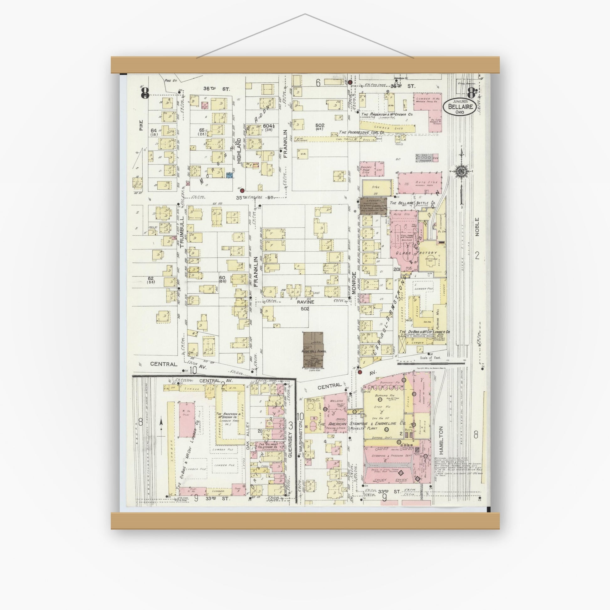 Old map wall art mockup — magnetic wood frame on white wall — Sanborn Fire Insurance Map from Bellaire, Belmont County, Ohio (1924), Sheet #0008