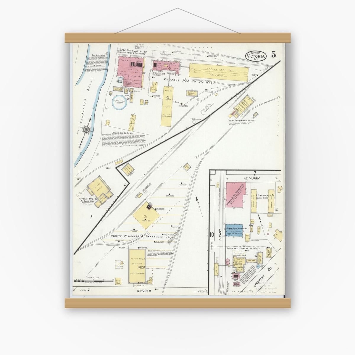Old map wall art mockup — magnetic wood frame on white wall — Sanborn Fire Insurance Map from Victoria, Victoria County, Texas (1917), Sheet #0005