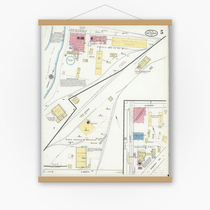 Old map wall art mockup — magnetic wood frame on white wall — Sanborn Fire Insurance Map from Victoria, Victoria County, Texas (1917), Sheet #0005