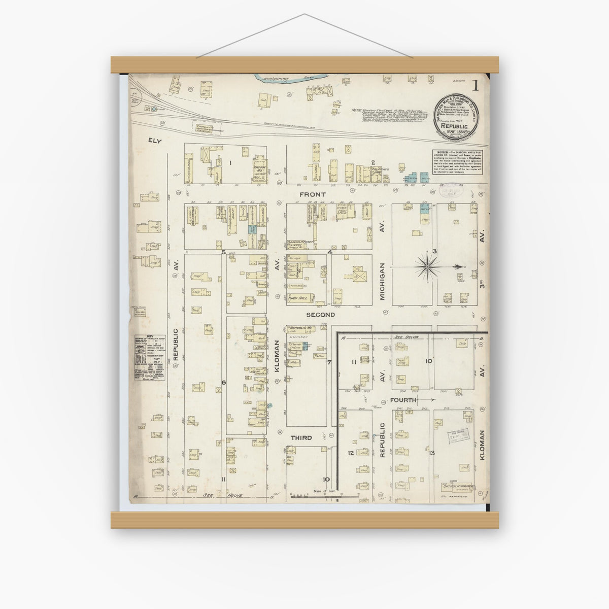 Old map wall art mockup — magnetic wood frame on white wall — Sanborn Fire Insurance Map from Republic, Marquette County, Michigan (1884), Sheet #0001