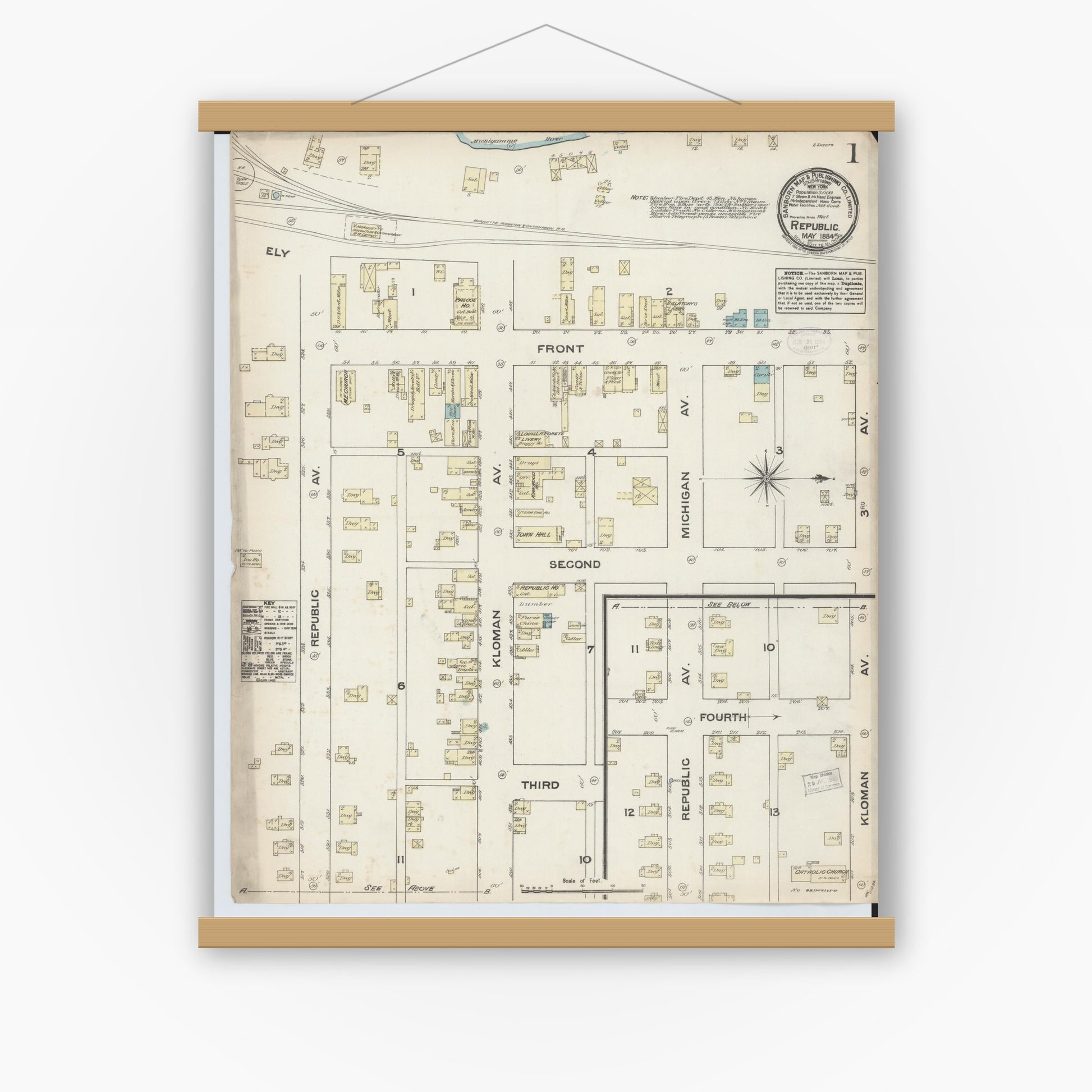 Old map wall art mockup — magnetic wood frame on white wall — Sanborn Fire Insurance Map from Republic, Marquette County, Michigan (1884), Sheet #0001