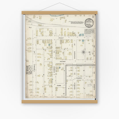 Old map wall art mockup — magnetic wood frame on white wall — Sanborn Fire Insurance Map from Republic, Marquette County, Michigan (1884), Sheet #0001