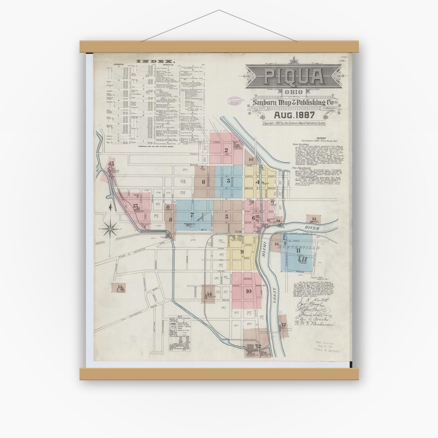 Old map wall art mockup — magnetic wood frame on white wall — Sanborn Fire Insurance Map from Piqua, Miami County, Ohio (1887) - Complete Map Set