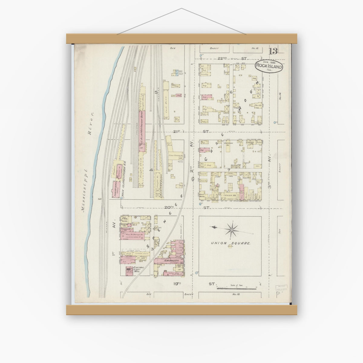Old map wall art mockup — magnetic wood frame on white wall — Sanborn Fire Insurance Map from Rock Island, Rock Island County, Illinois (1886), Sheet #0013