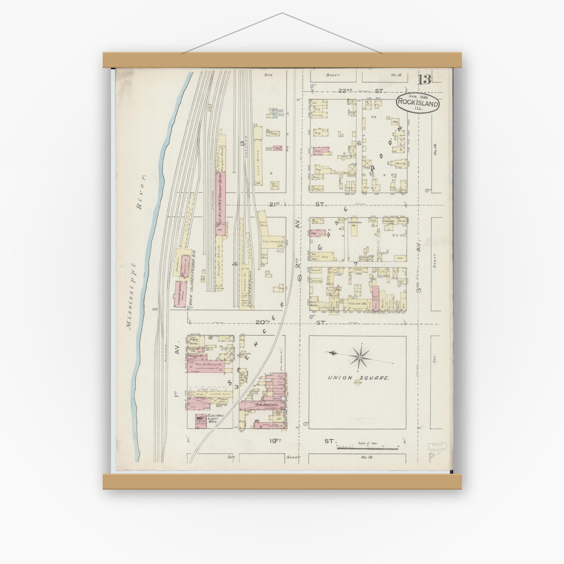 Old map wall art mockup — magnetic wood frame on white wall — Sanborn Fire Insurance Map from Rock Island, Rock Island County, Illinois (1886), Sheet #0013
