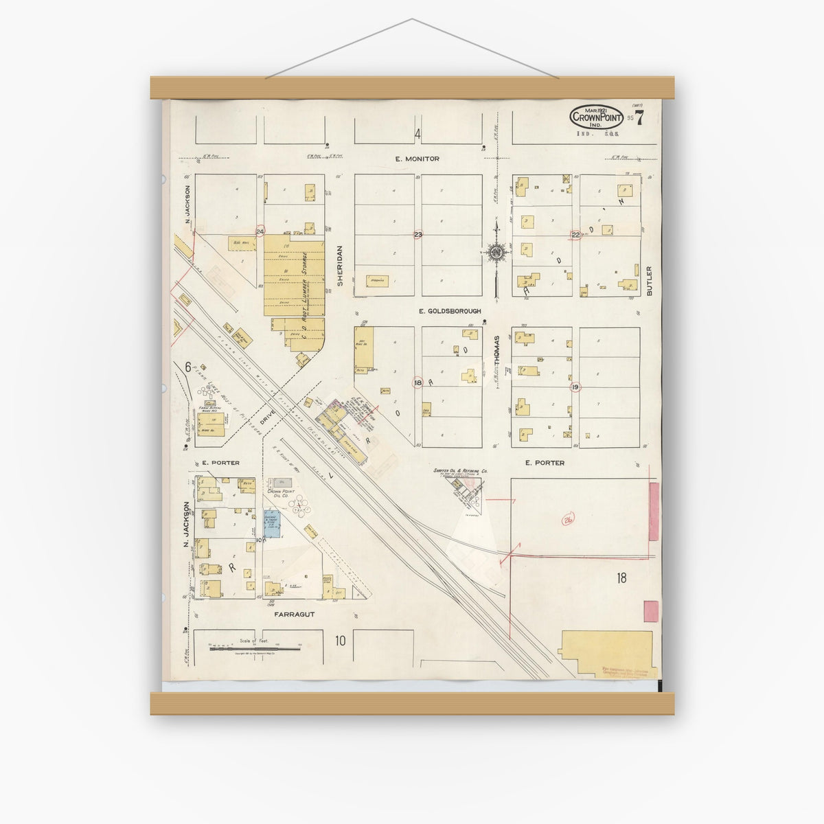 Old map wall art mockup — magnetic wood frame on white wall — Sanborn Fire Insurance Map from Crown Point, Lake County, Indiana (1948), Sheet #0007