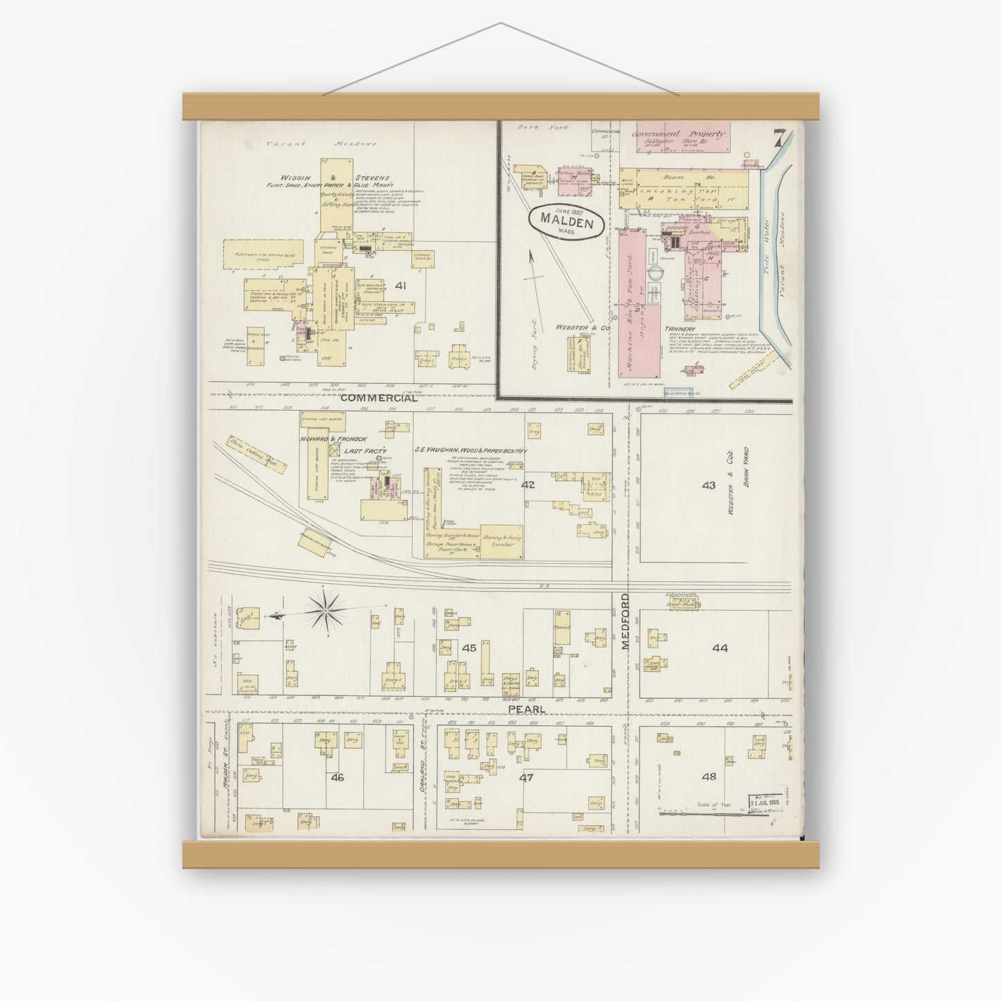 Old map wall art mockup — magnetic wood frame on white wall — Sanborn Fire Insurance Map from Malden, Middlesex County, Massachusetts (1887), Sheet #0007
