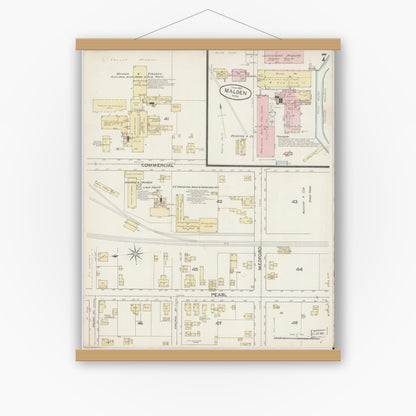 Old map wall art mockup — magnetic wood frame on white wall — Sanborn Fire Insurance Map from Malden, Middlesex County, Massachusetts (1887), Sheet #0007