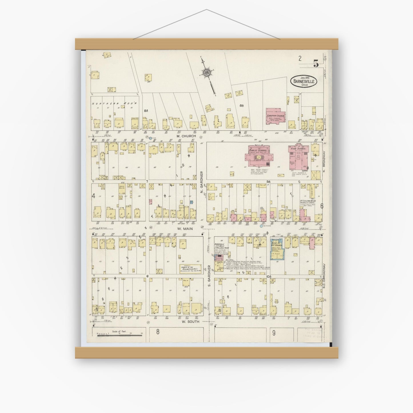 Old map wall art mockup — magnetic wood frame on white wall — Sanborn Fire Insurance Map from Barnesville, Belmont County, Ohio (1915), Sheet #0005