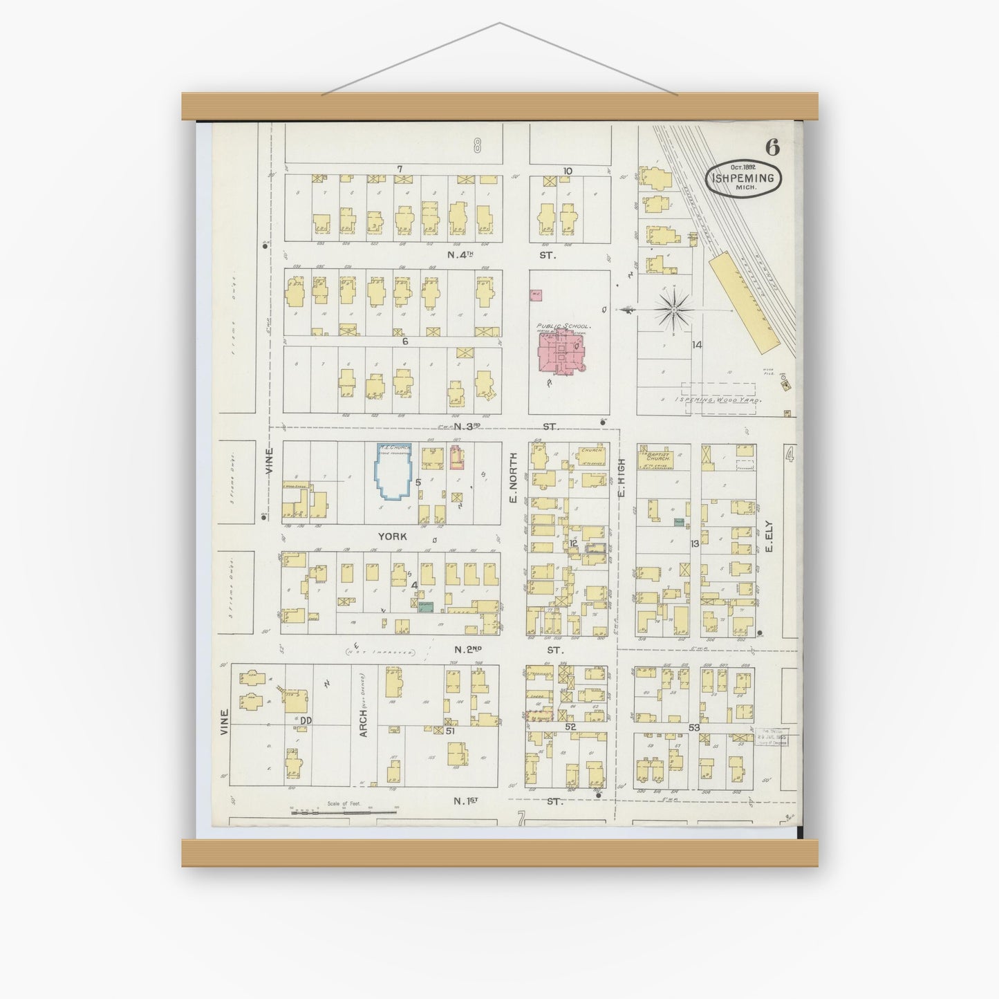 Old map wall art mockup — magnetic wood frame on white wall — Sanborn Fire Insurance Map from Ishpeming, Marquette County, Michigan (1892), Sheet #0006