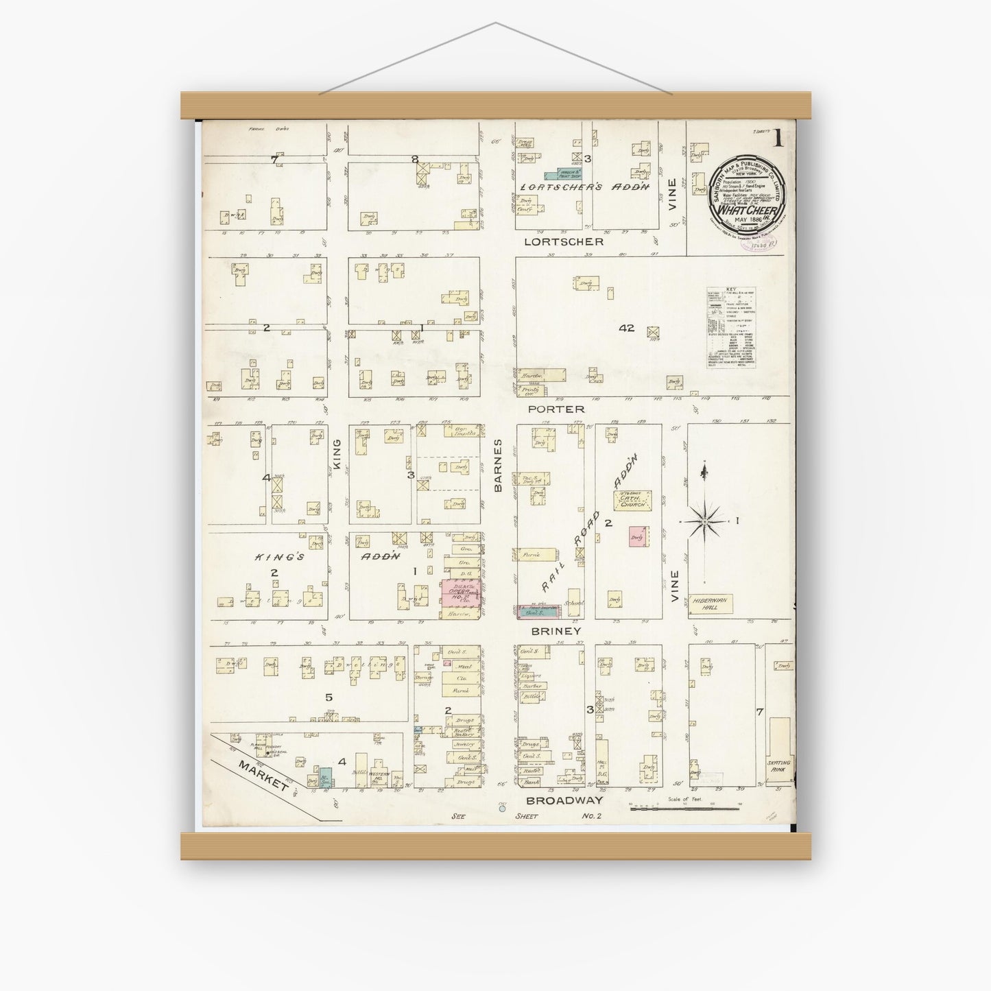 Old map wall art mockup — magnetic wood frame on white wall — Sanborn Fire Insurance Map from What Cheer, Keokuk County, Iowa (1886) â€” Complete Set