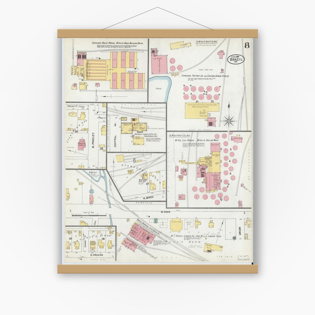 Old map wall art mockup — magnetic wood frame on white wall — Sanborn Fire Insurance Map from Brazil, Clay County, Indiana (1902), Sheet #0008